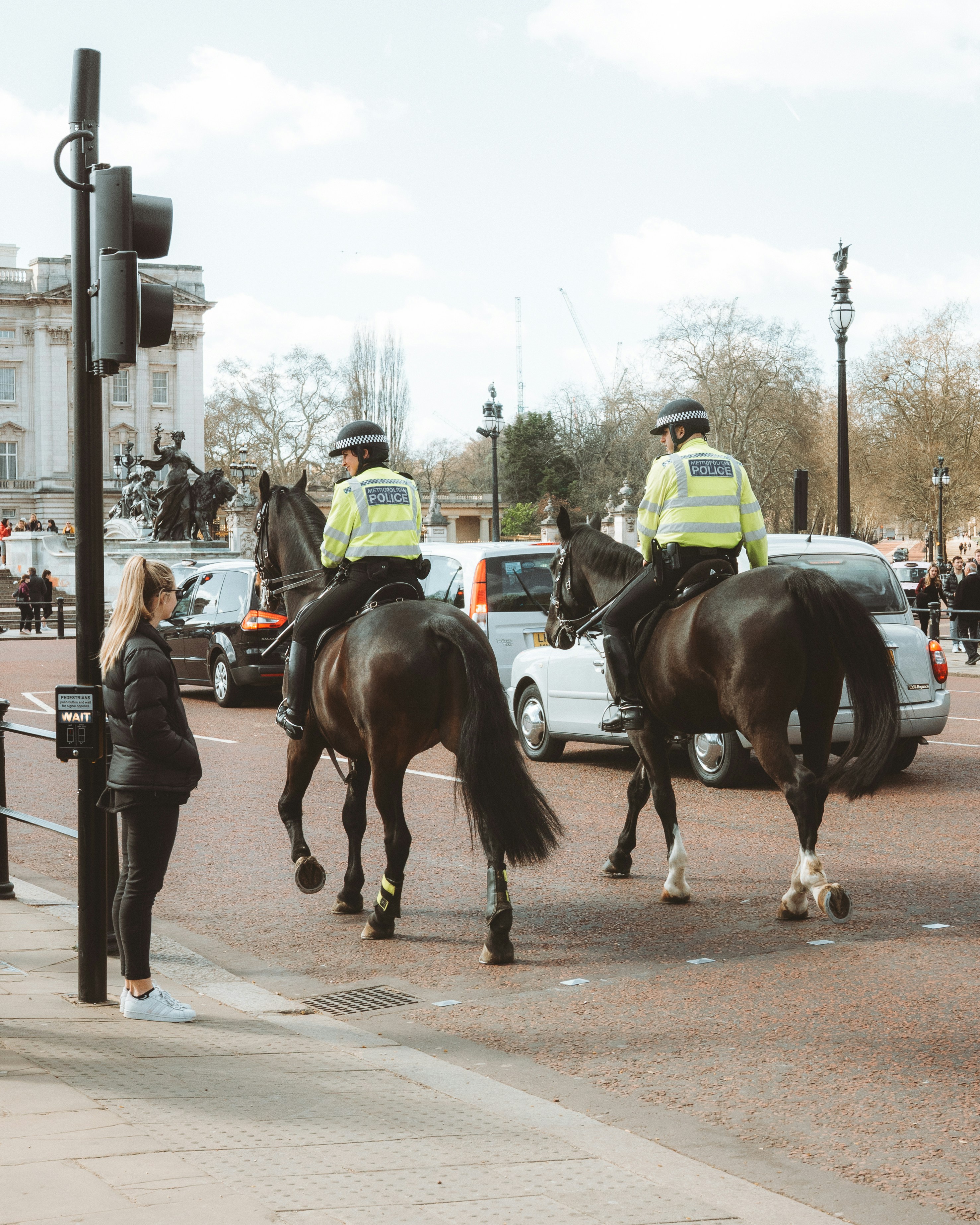 Due agenti di polizia a cavallo a cavallo che osservano il traffico