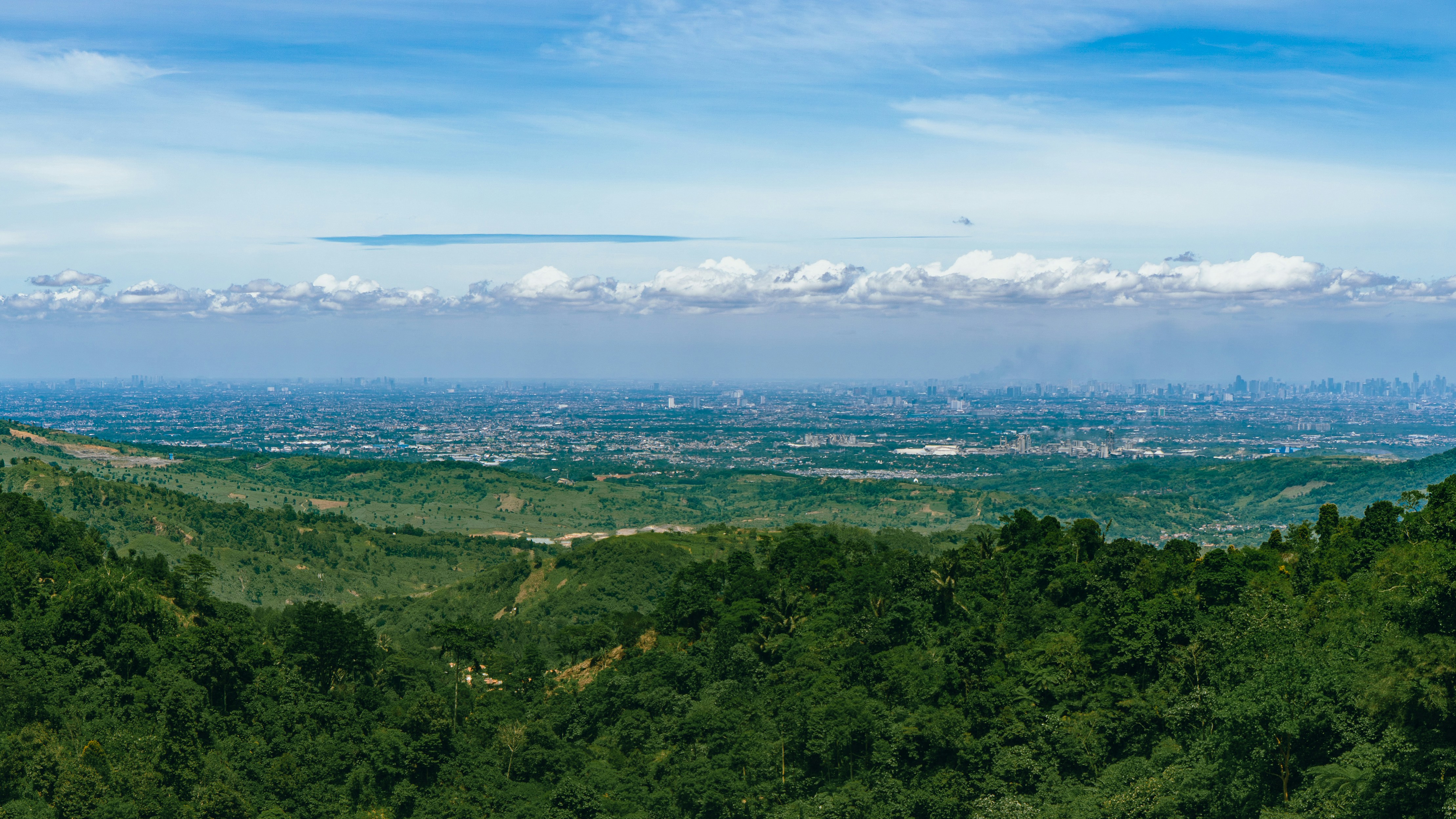 Green forested hills overlook distant cityscape under hazy sky.