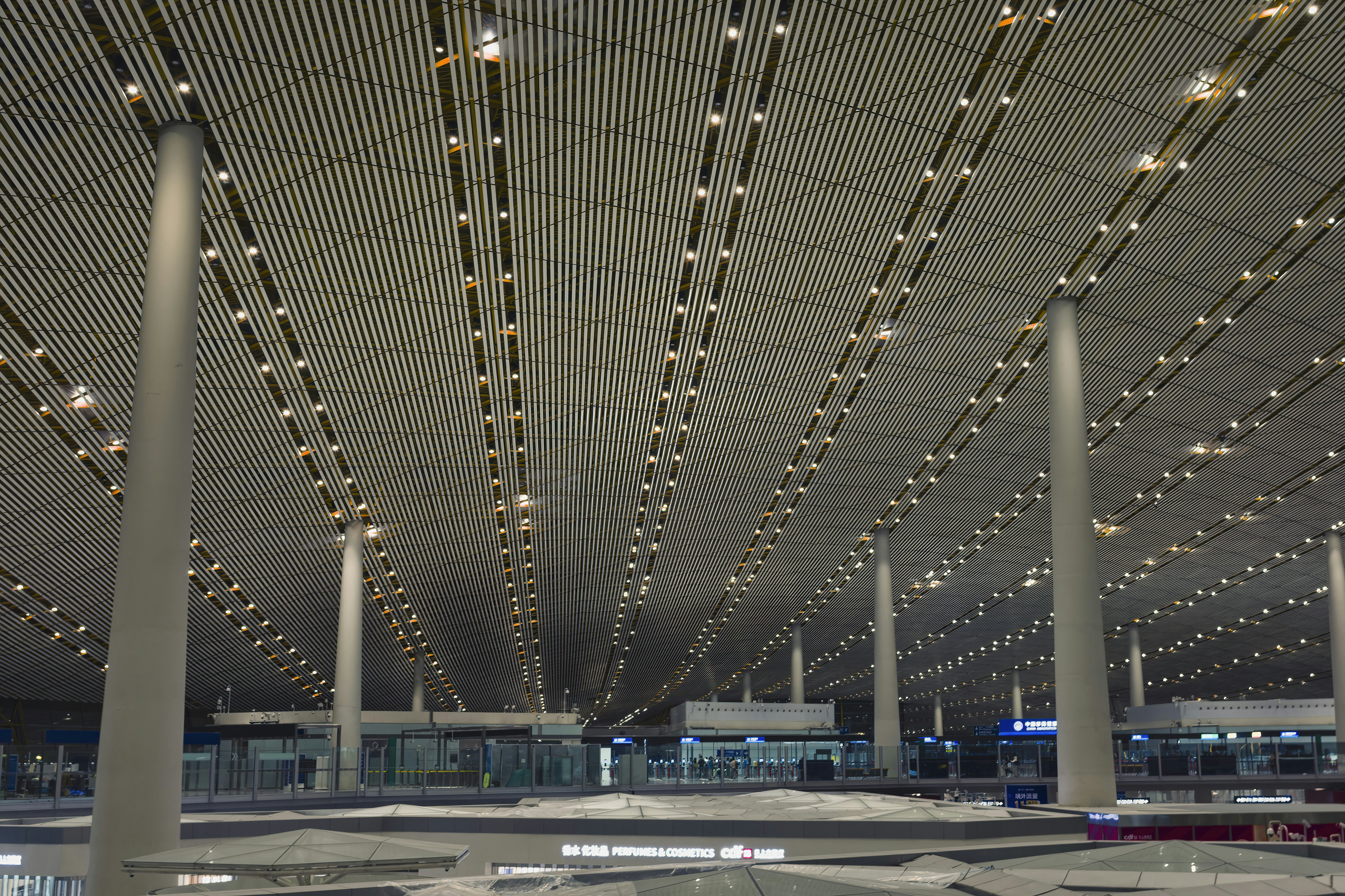 Modern airport terminal at night