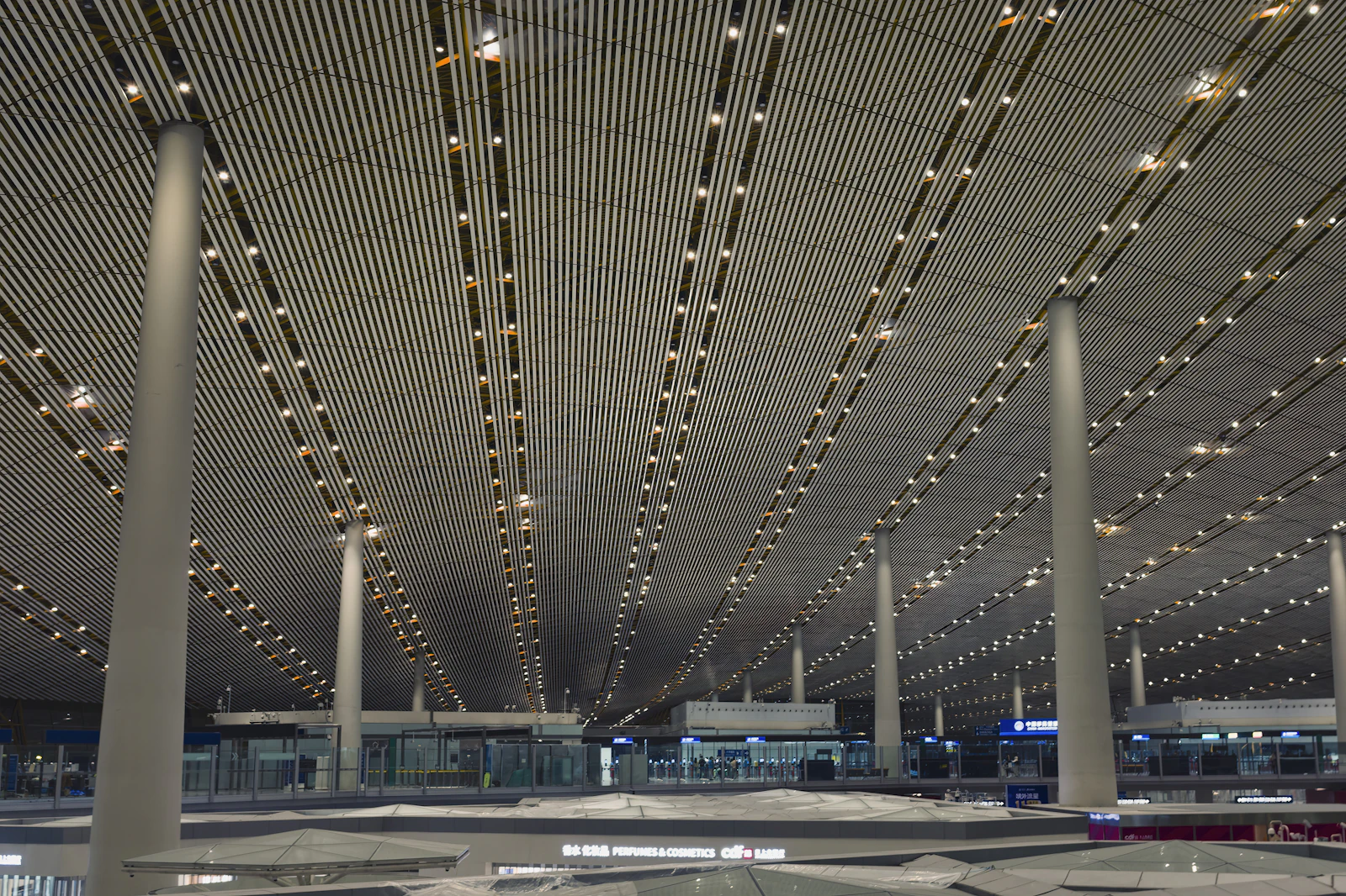 Interior of a modern airport terminal with contemporary architecture