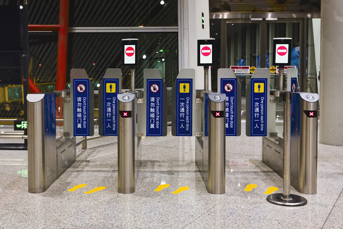Automated security gates in a modern building entrance