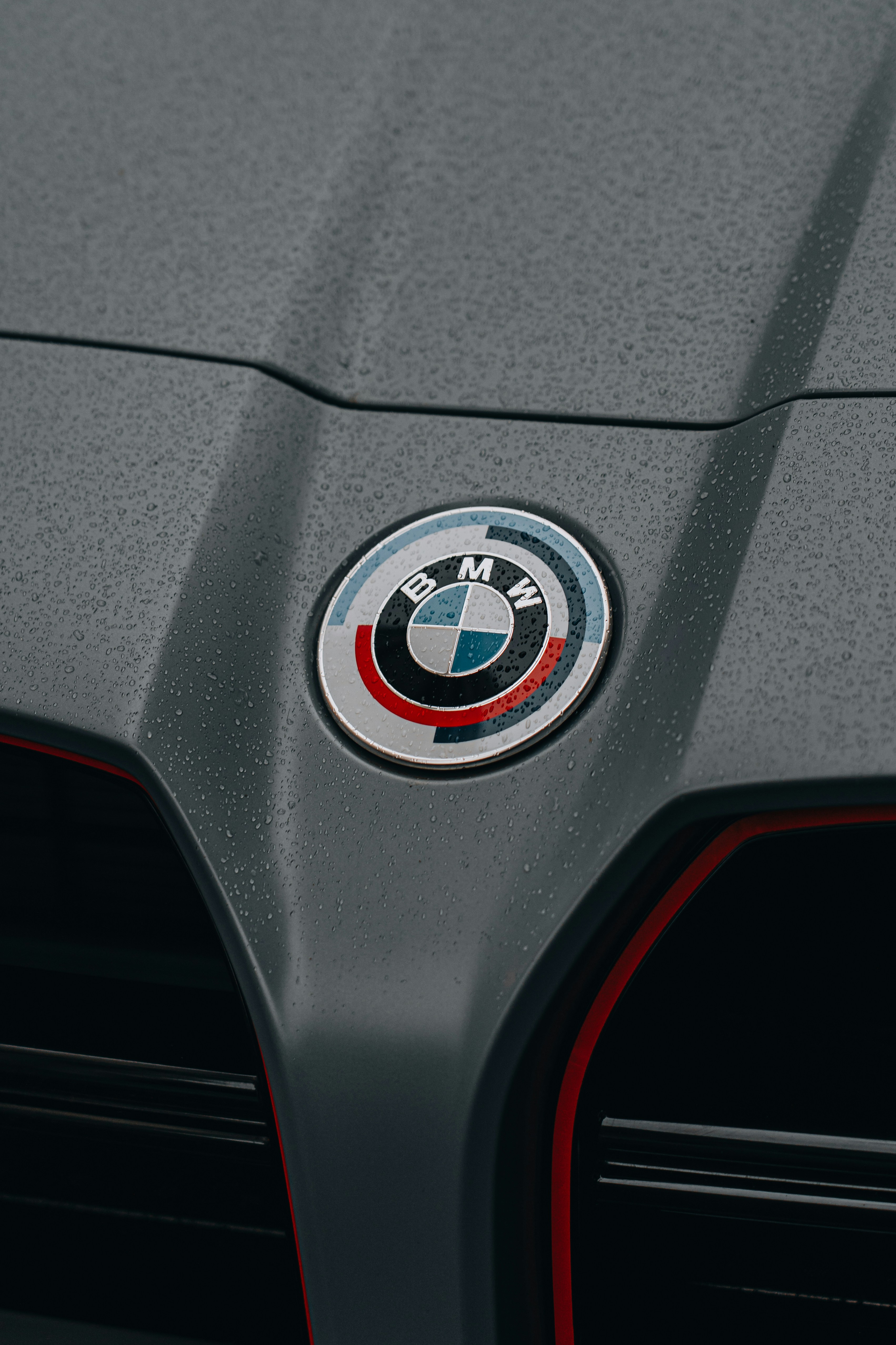 Primer plano del emblema y la parrilla de un automóvil BMW mojado