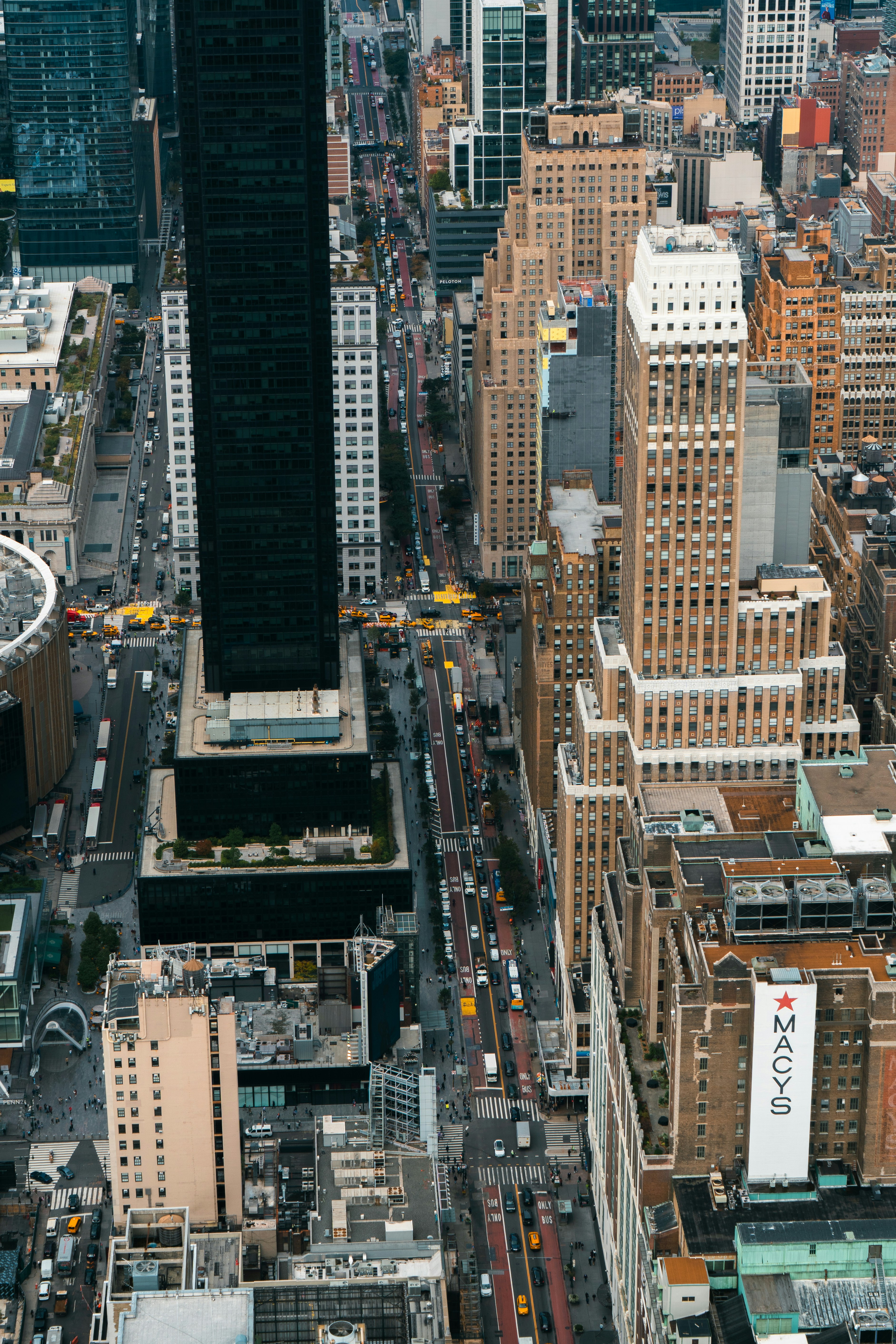 Aerial view of a busy city street with traffic.