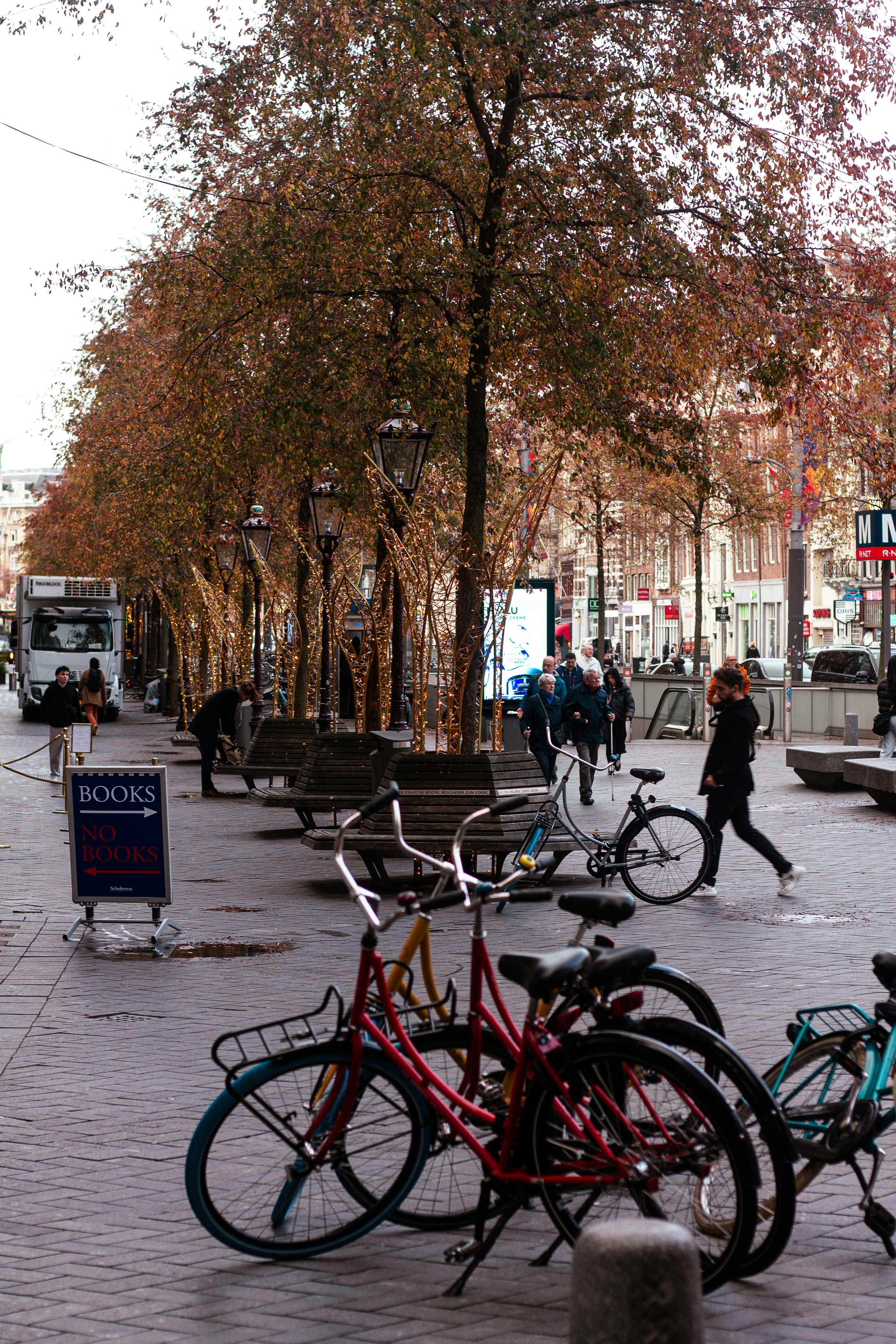 Bicycles parked on a city street with autumn trees.
