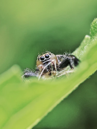 A small jumping spider on a green leaf