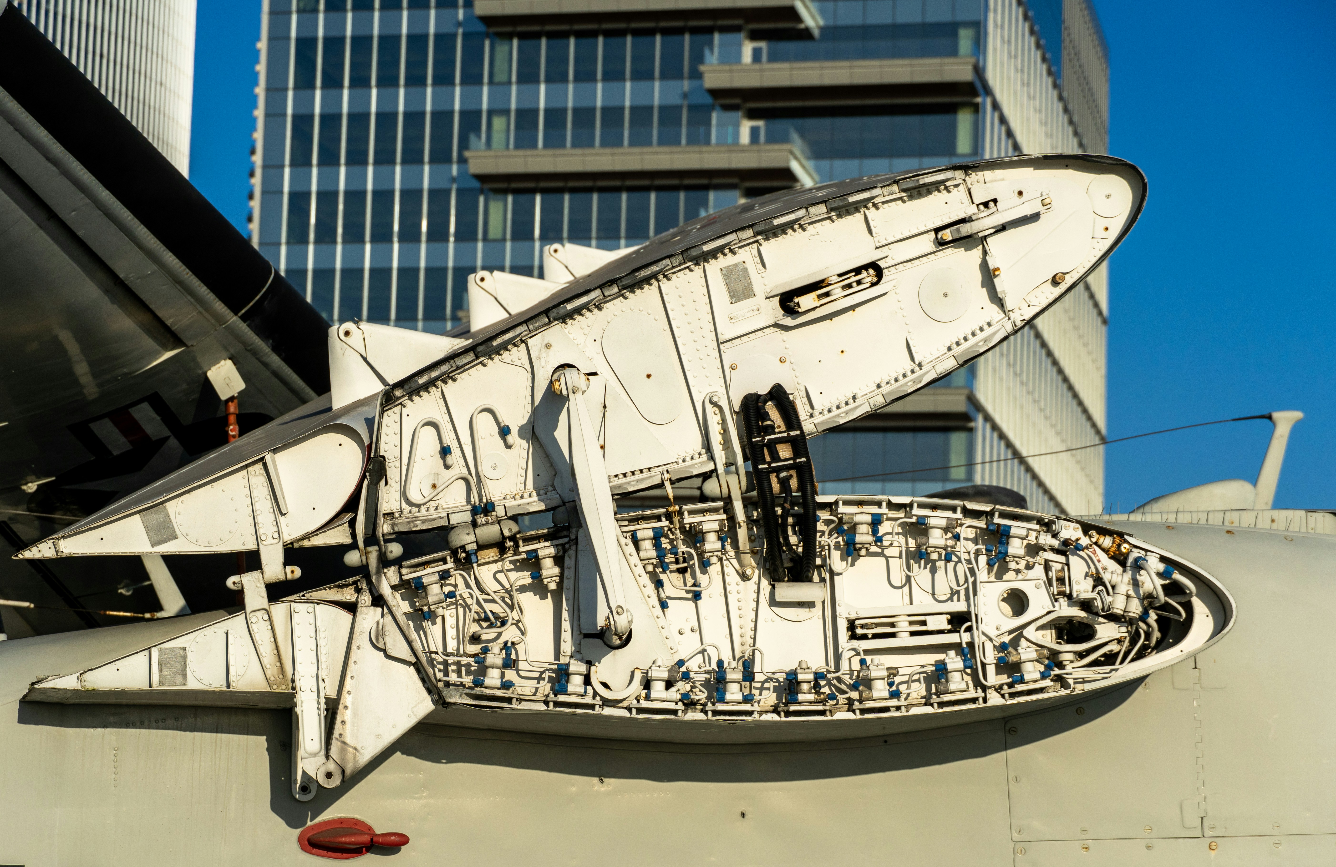 Airplane engine compartment with intricate details visible details