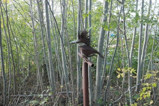 Metal bird sculpture on pole in wooded area