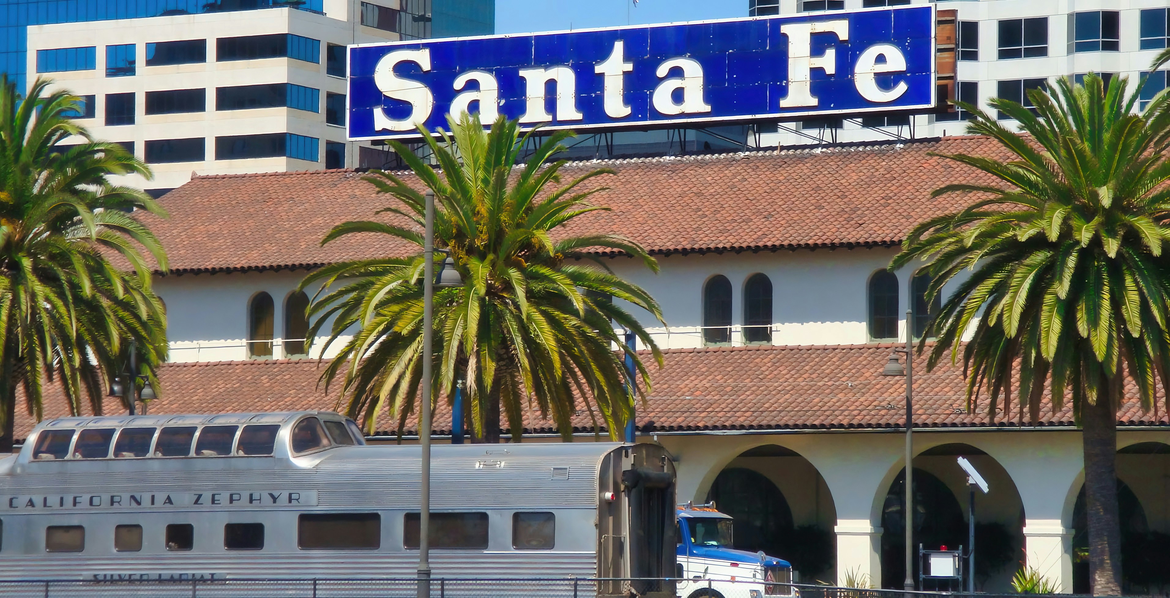 Santa fe train station with palm trees and train