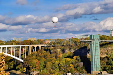 Hot air balloon over a bridge and gorge