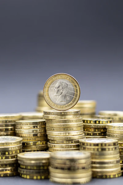 Stacks of gold coins with one coin on top