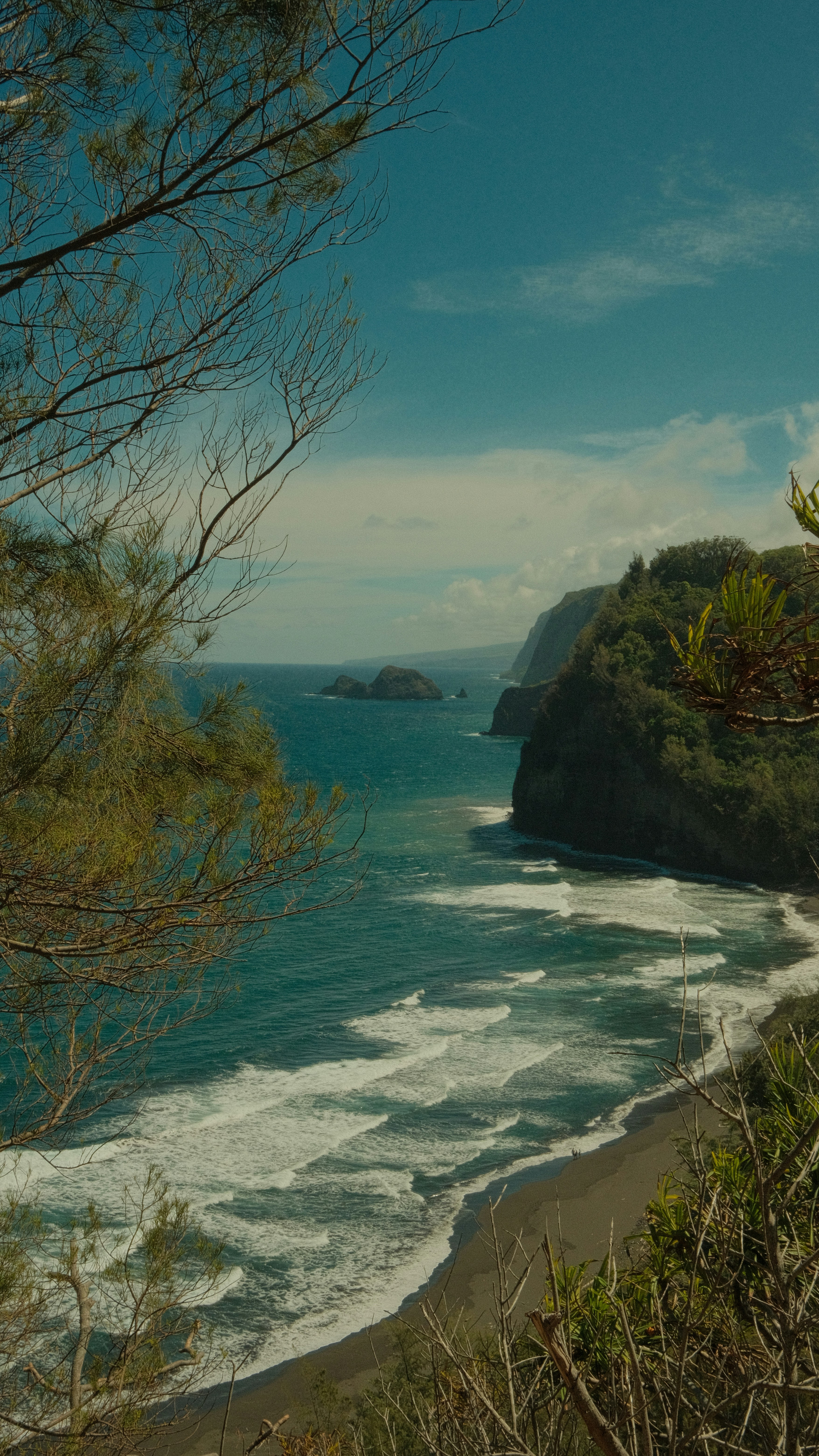 Ocean waves crash on a dark sand beach with cliffs.