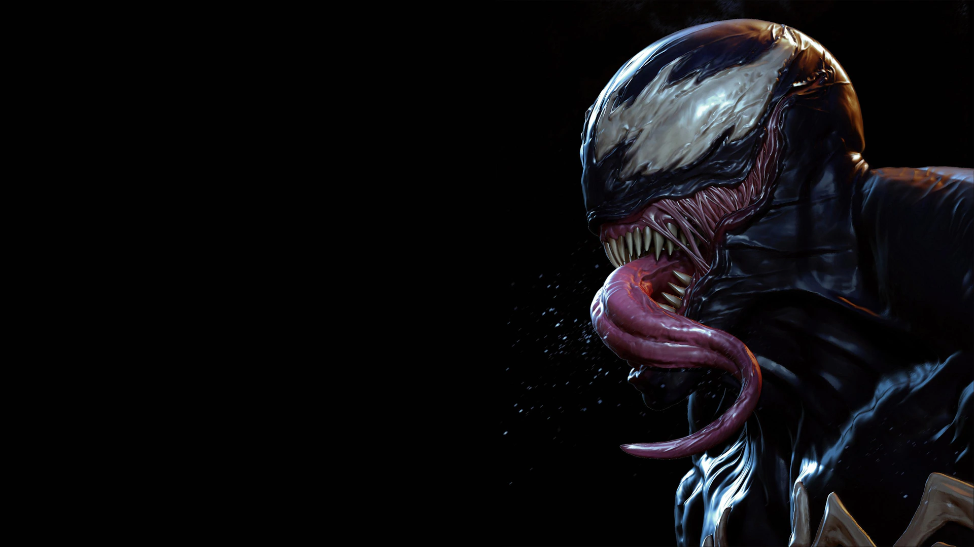 Venom with his tongue out against black background