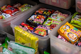Korean Convenience Store Culture Assorted instant buldak noodle packets 