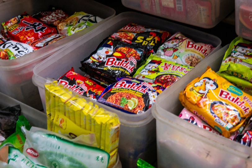Korean Convenience Store Culture Assorted instant buldak noodle packets 