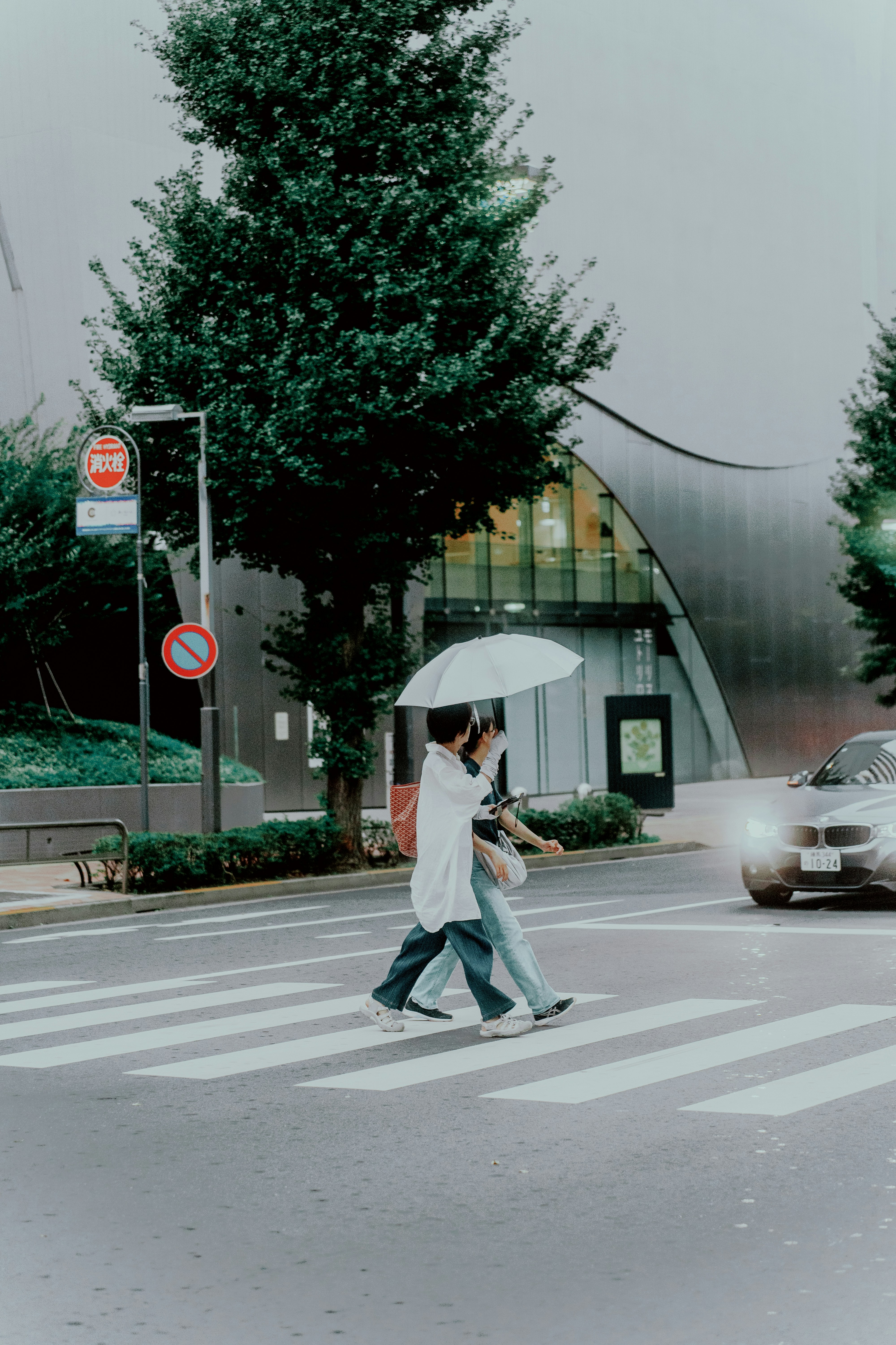 Two people walk under an umbrella crossing street.