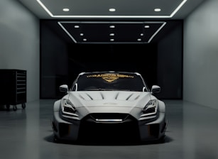 White sports car in a modern garage