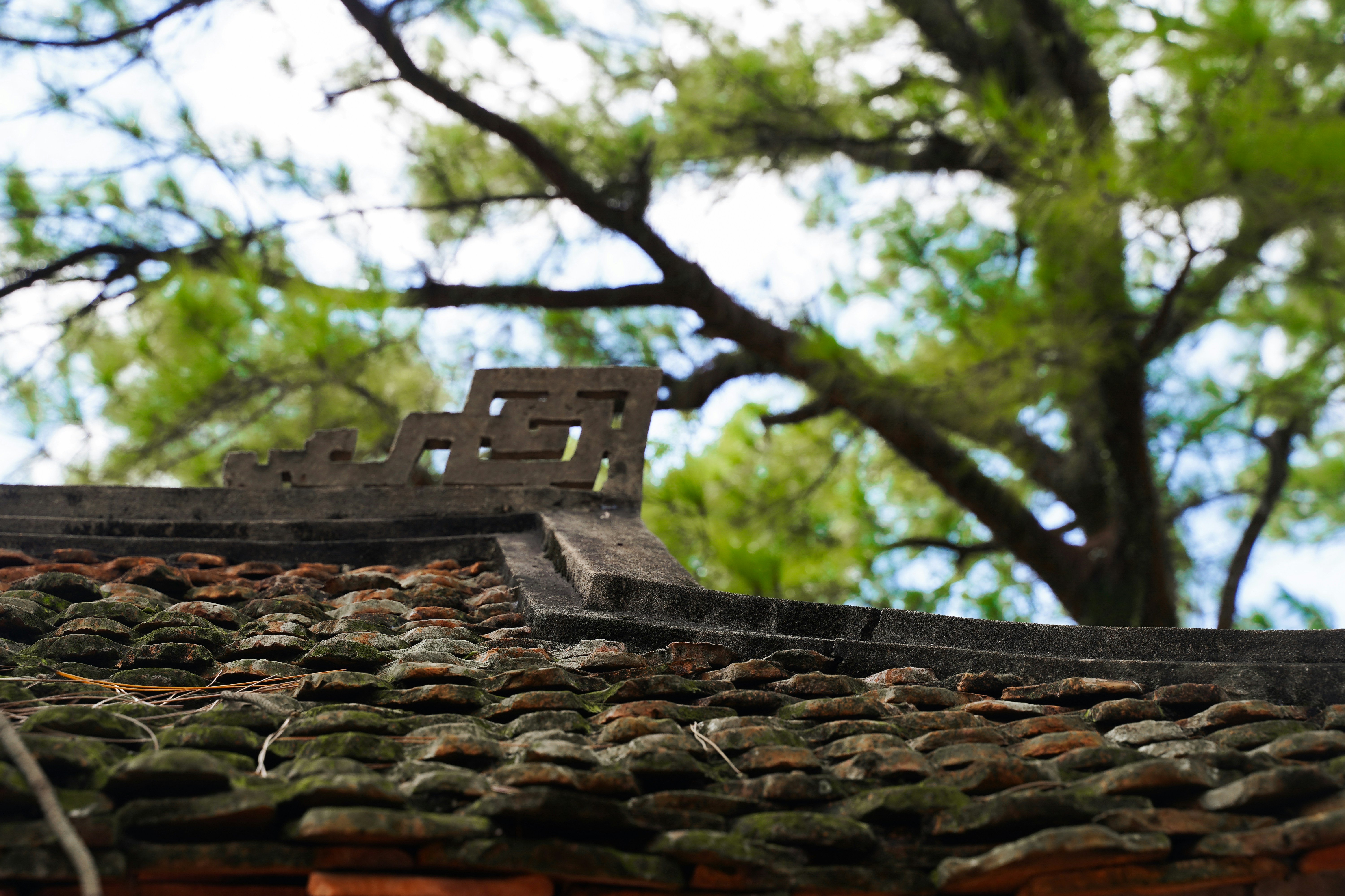 Close-up of an old tiled roof with ornate details.