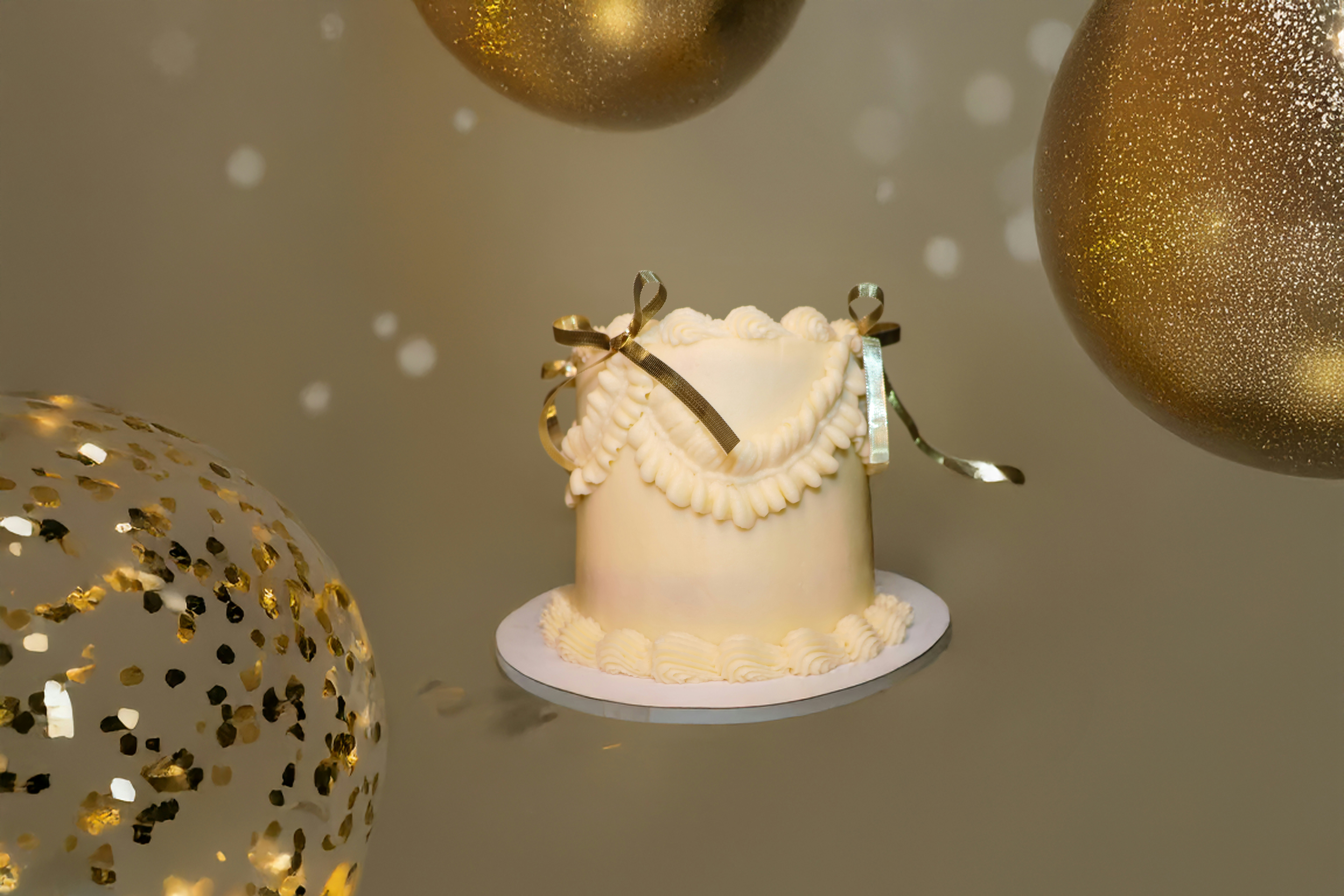 Ein kleiner weißer Kuchen, der mit goldenen Bändern verziert ist