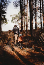 Adult and child hiking through a dry forest.
