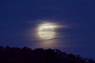 Full moon peeking through wispy clouds at night.