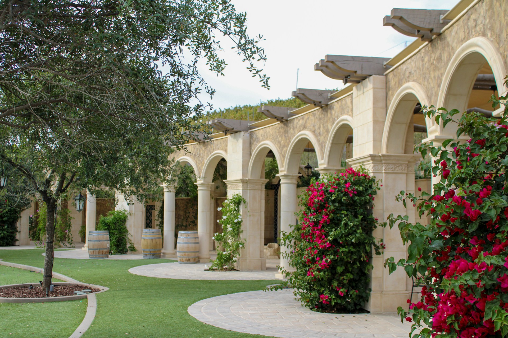 Courtyard with arches, columns, and blooming flowers