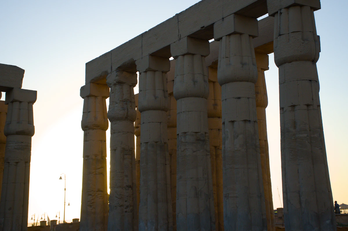 Columns of Luxor Temple lit at sunset