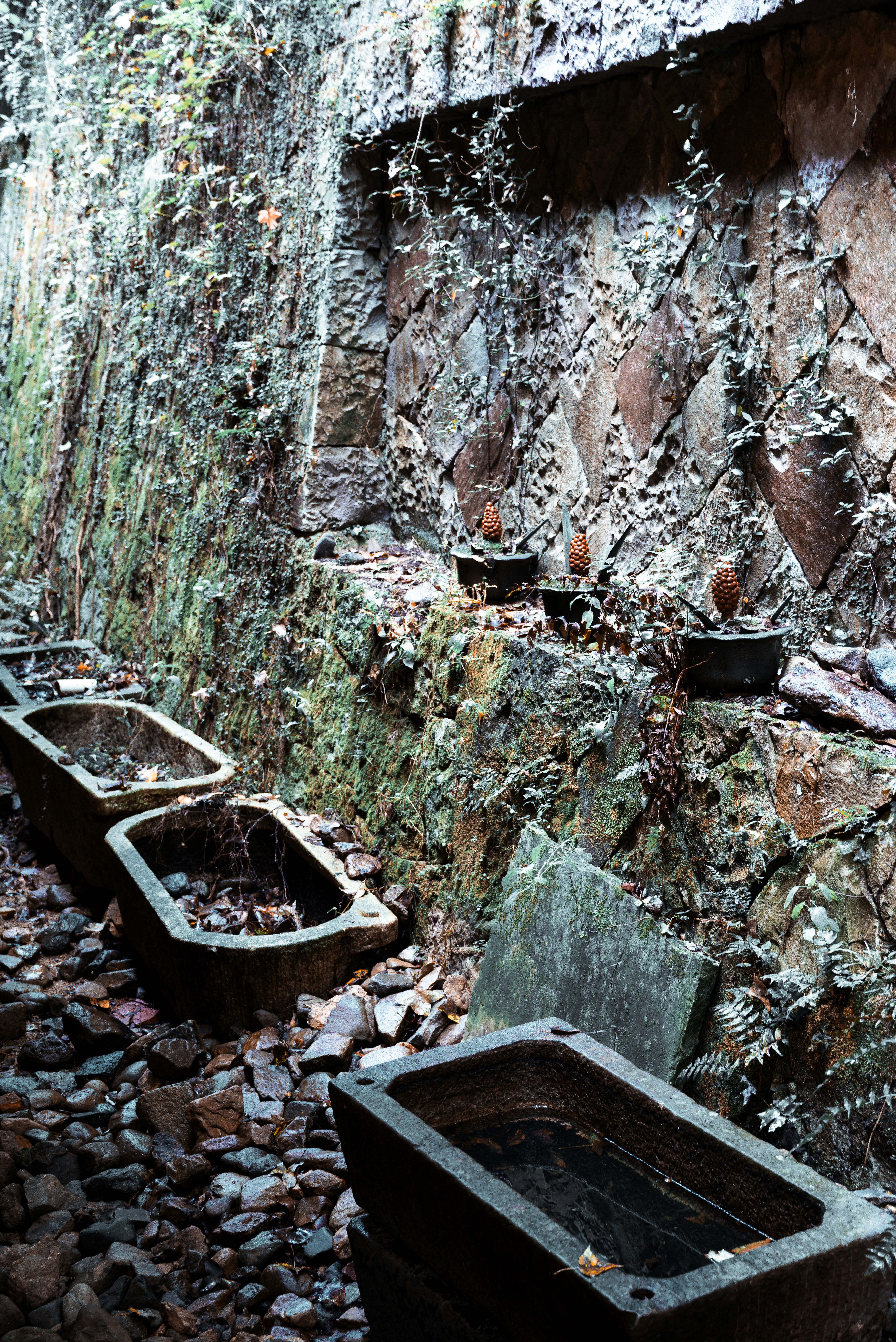 Reihe leerer Betontröge an Steinmauer