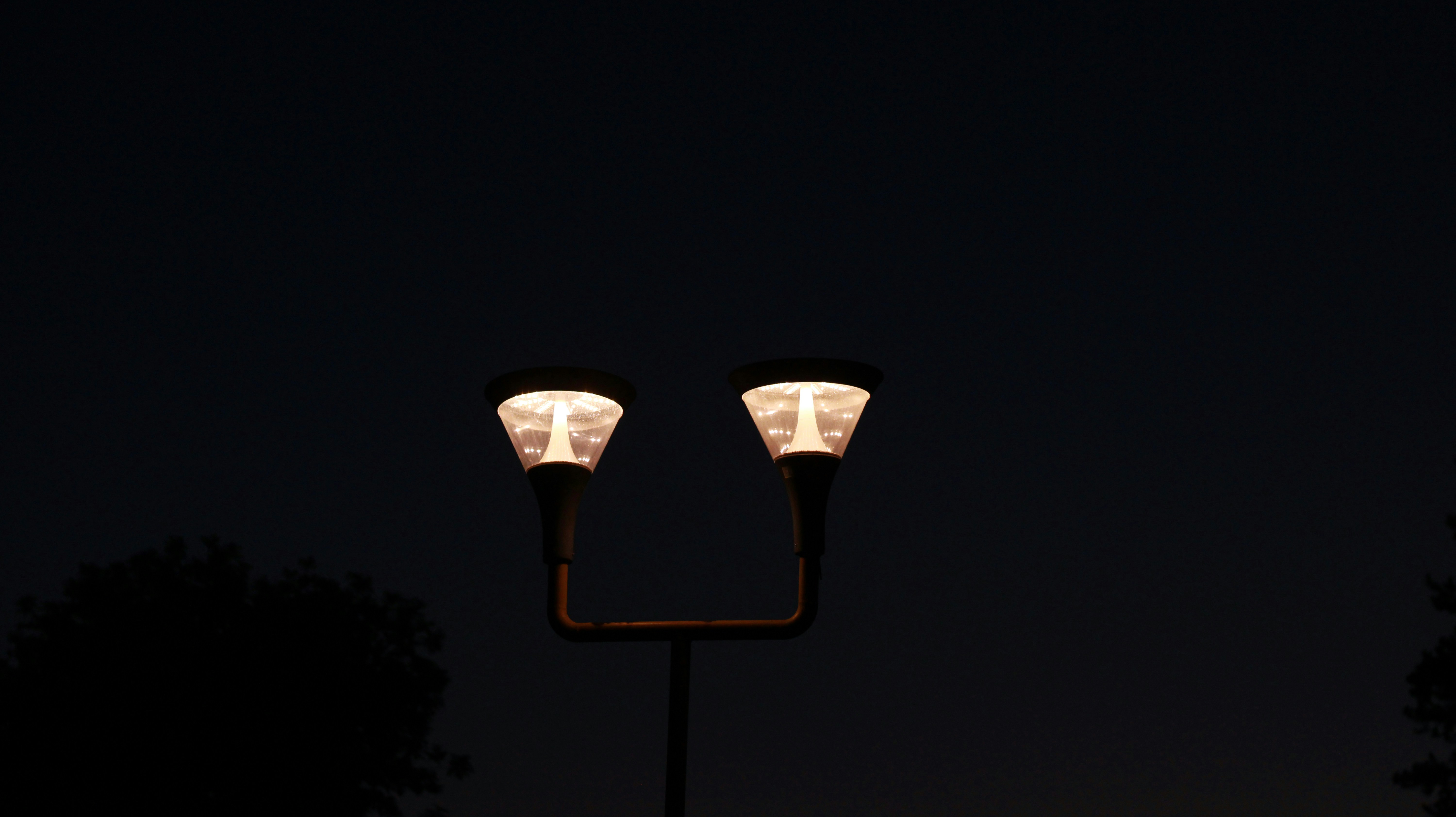 Dos lámparas iluminan el oscuro cielo nocturno.