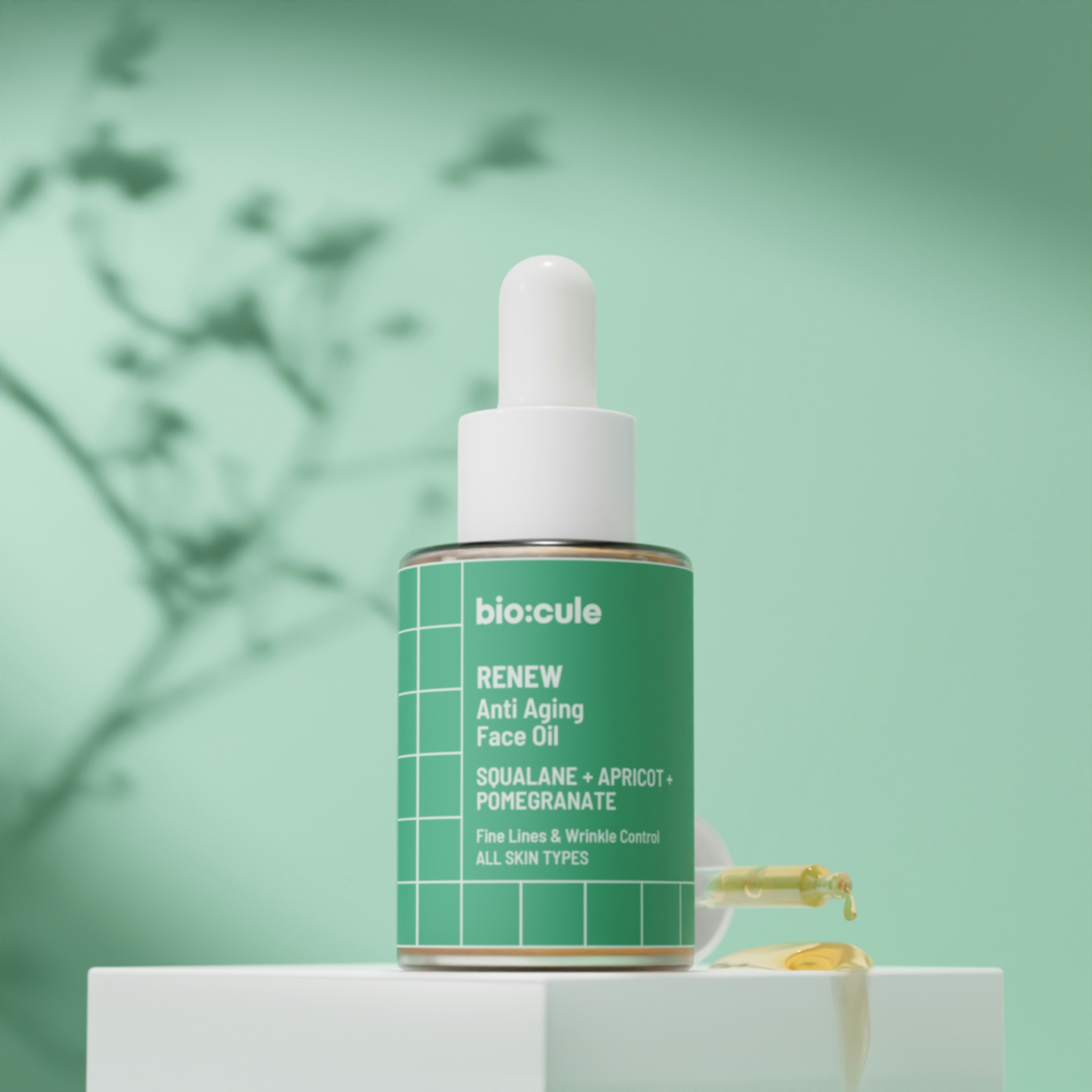 Bottle of bio-cule renew anti aging face oil.