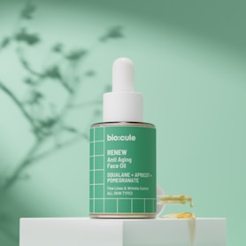 Bottle of bio-cule renew anti aging face oil.