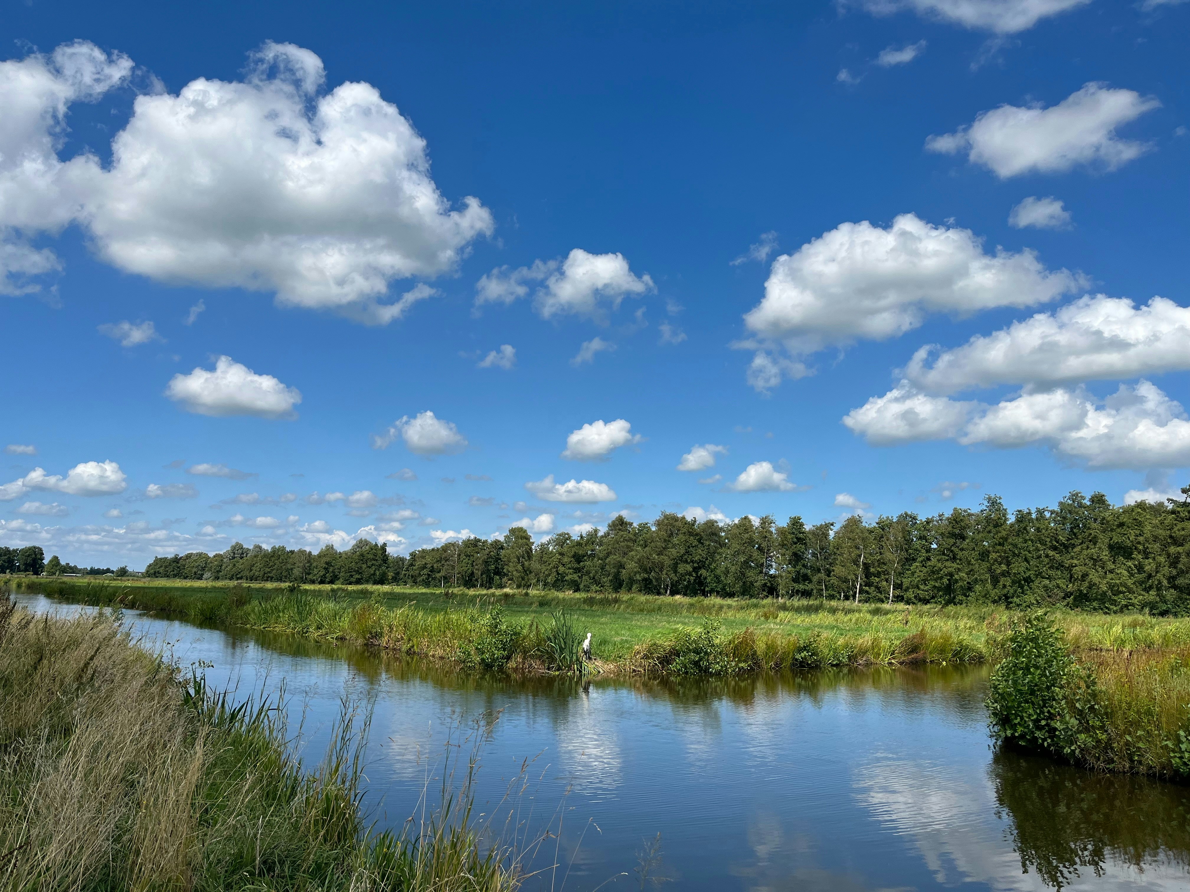 A calm canal flows through a grassy field under clouds