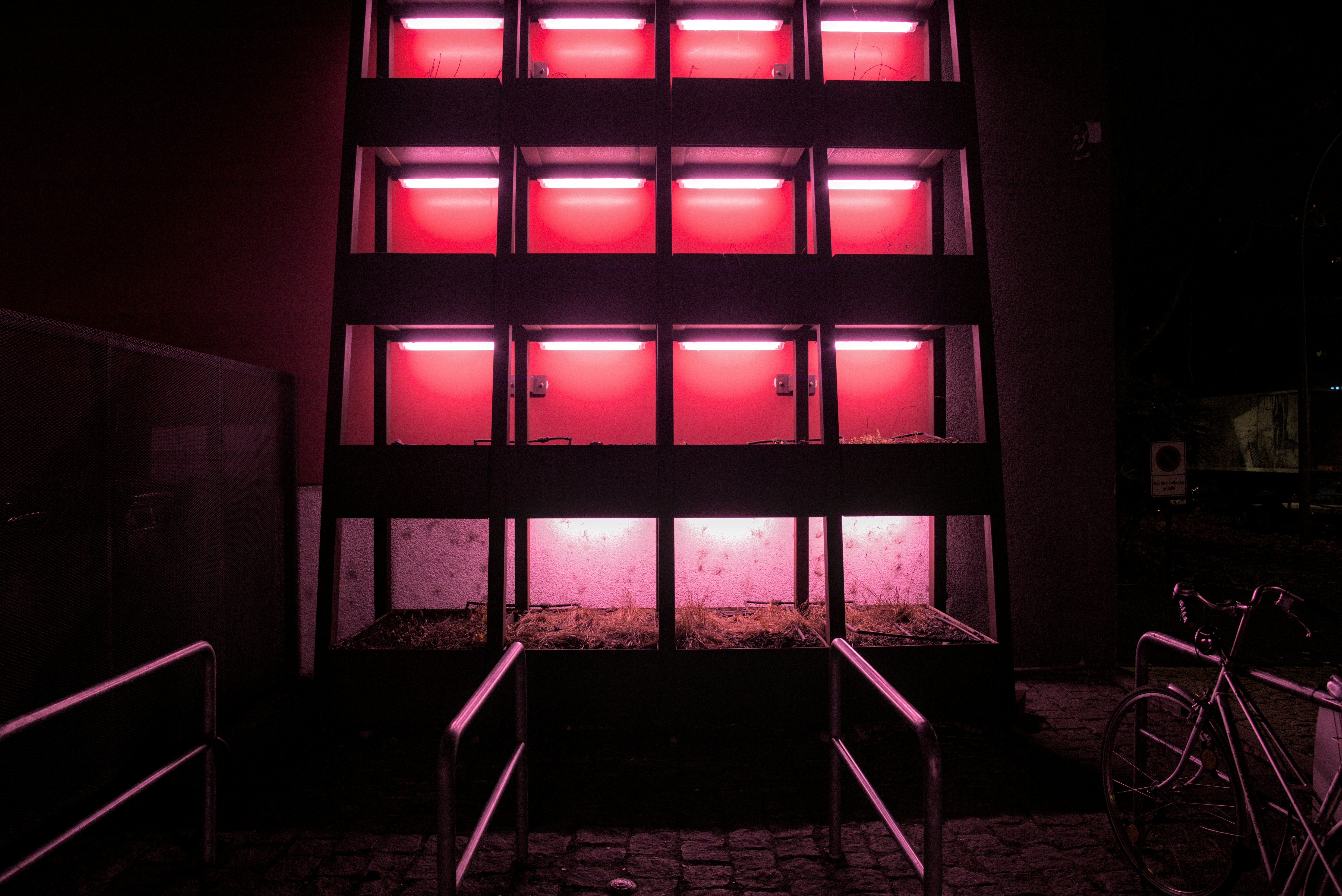 Modern building facade illuminated with bright pink lights