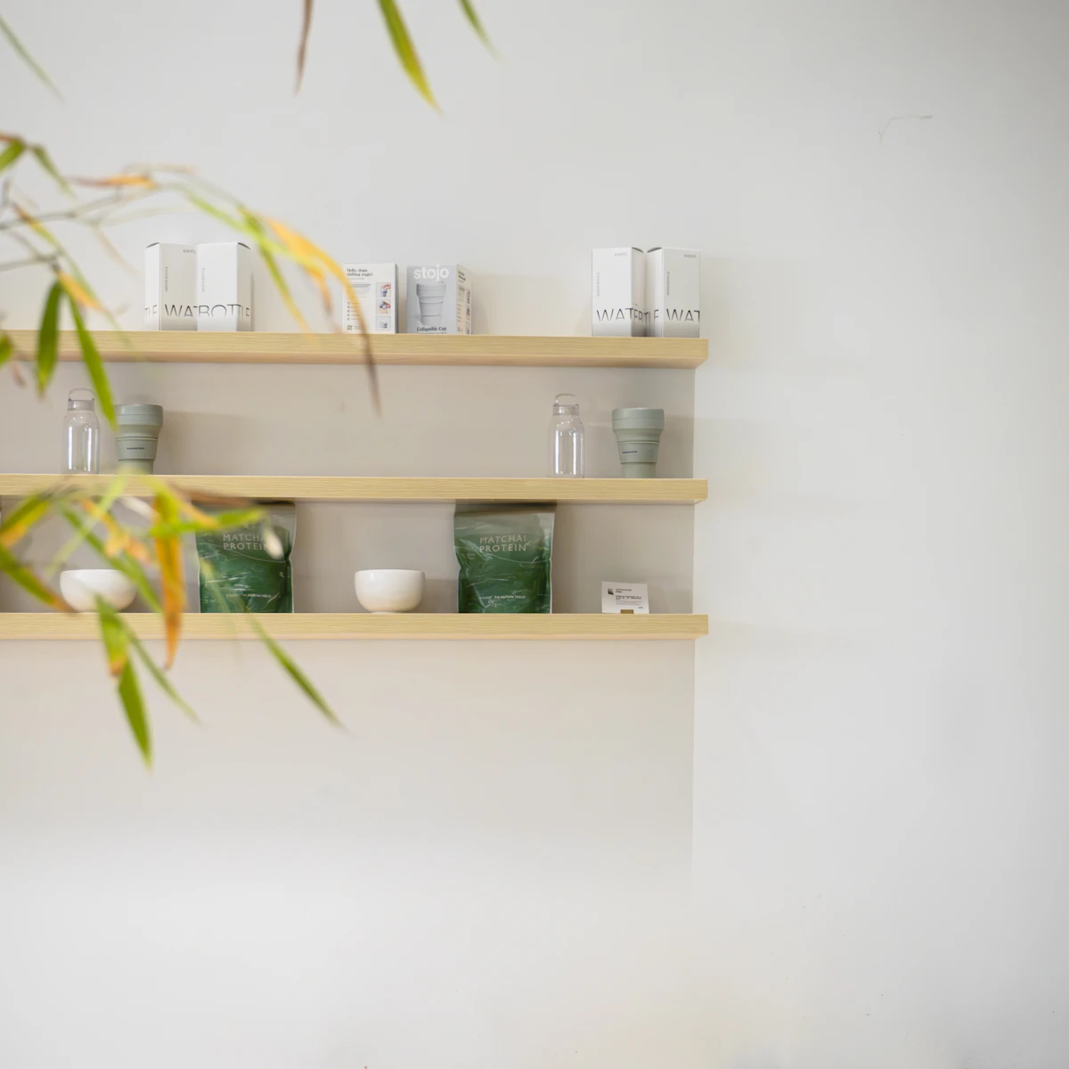 Installed floating shelves on an interior wall