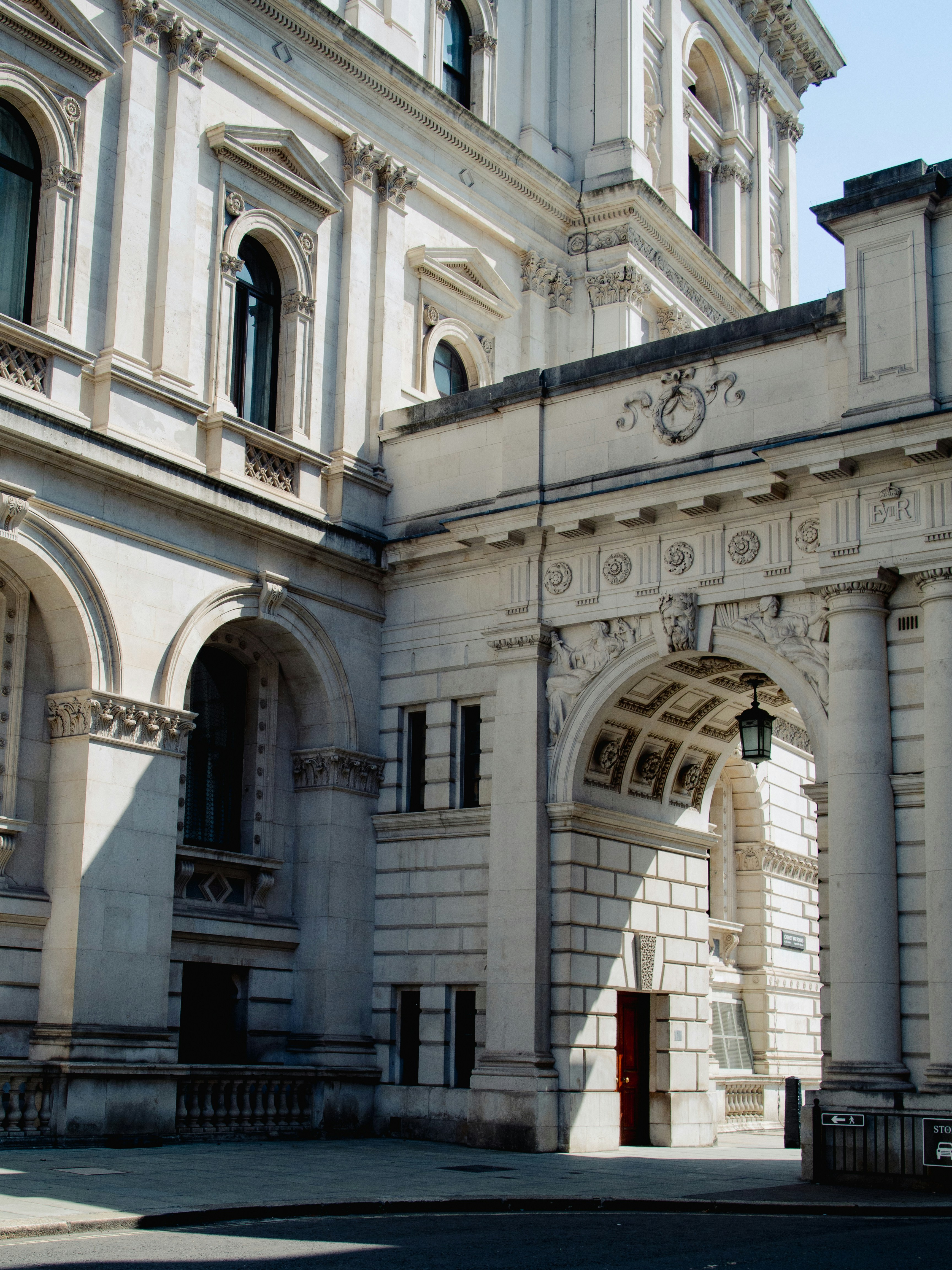 Ornate architectural detail of a grand stone building