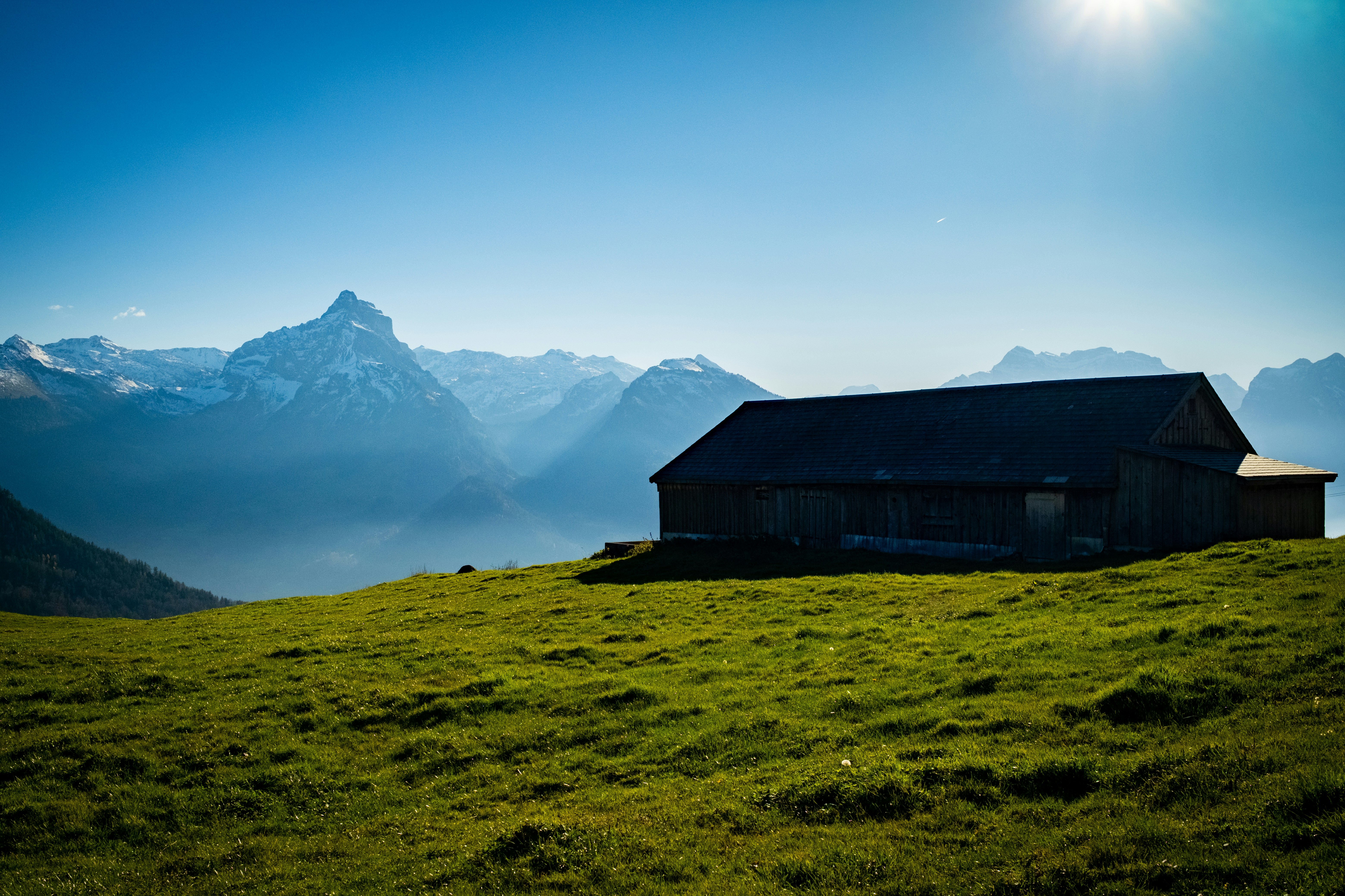 A dark wooden cabin on a grassy hill with mountains.