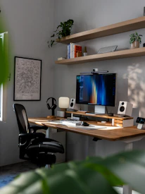 Modern home office desk setup with computer and plants.