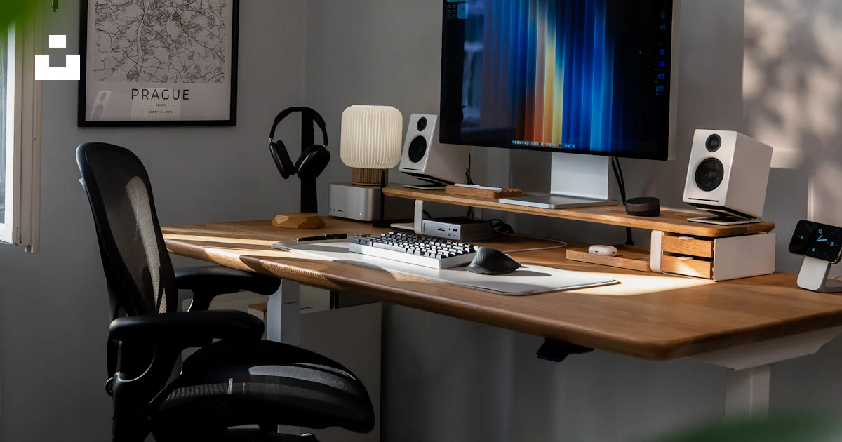 Modern home office desk setup with computer and plants. photo – Free ...