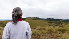Woman looking out over rolling green hills, getting clarity from hypnotherapy
