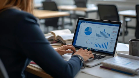 Woman working on laptop with charts and graphs.
