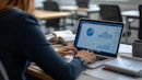 Woman working on laptop with charts and graphs