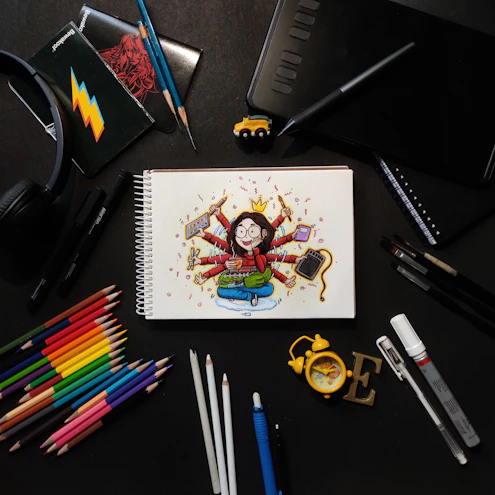 Drawing of a multi-armed person surrounded by art supplies.