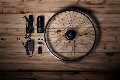 Electric bicycle conversion kit components laid out