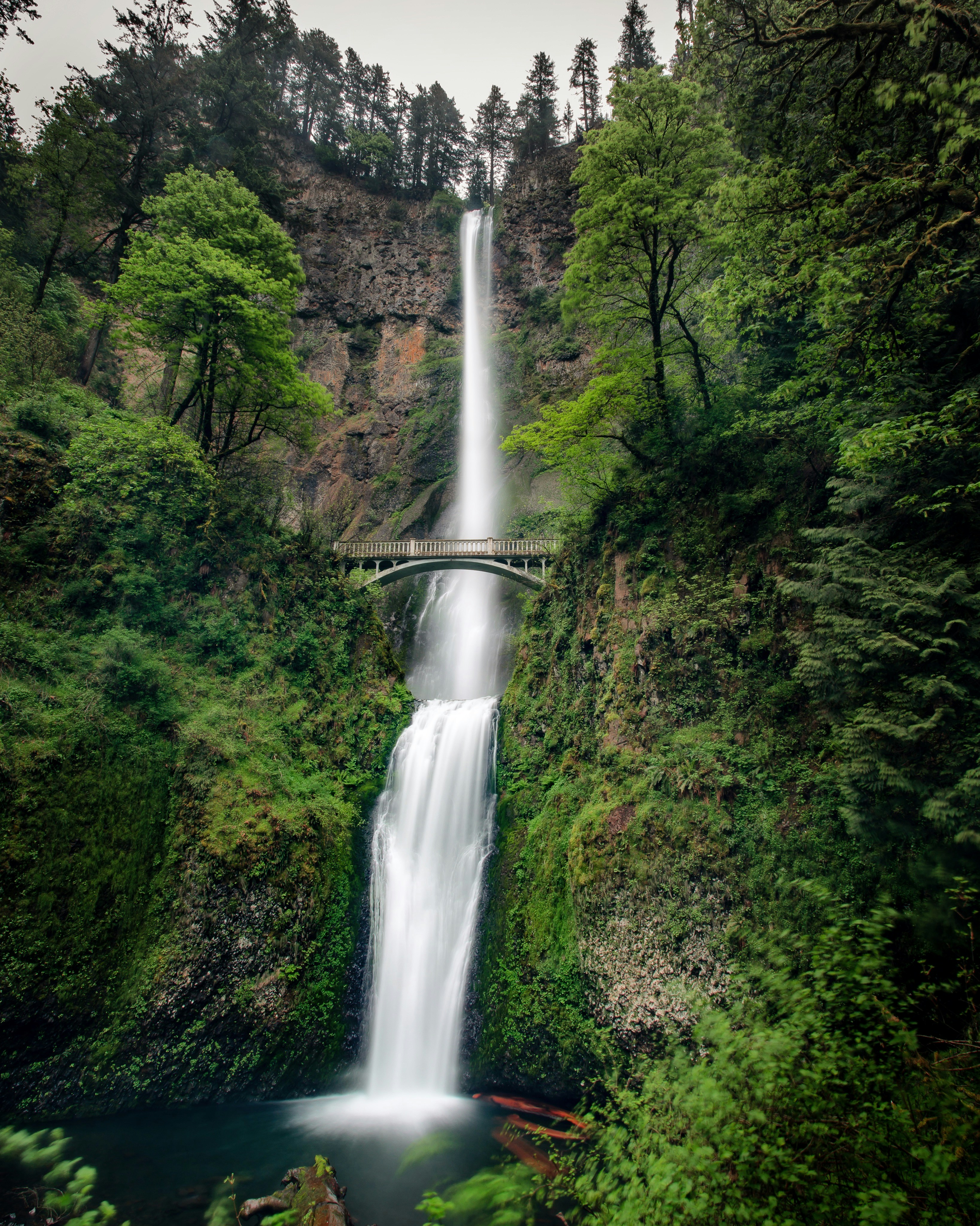 Multnomah Falls cascading down a rocky cliff with a stone bridge in Oregon