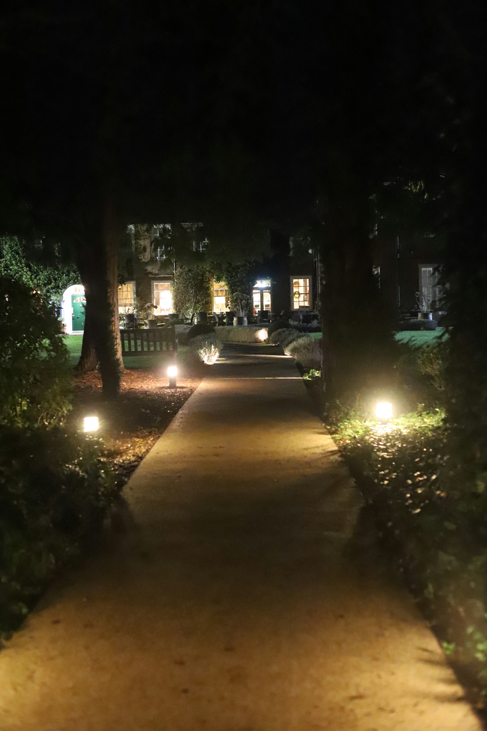 Pathway illuminated by lights at night