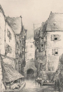 A canal runs between old buildings with shutters.
