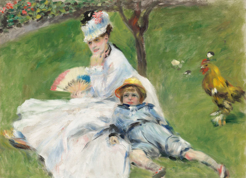 femme et enfant dans un jardin avec une poule
