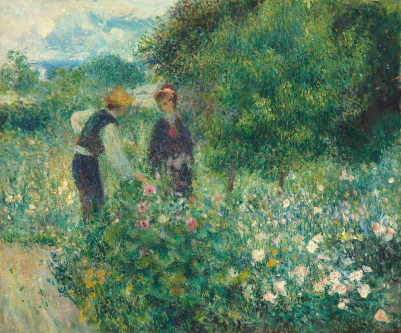 Two people tending a garden with blooming flowers