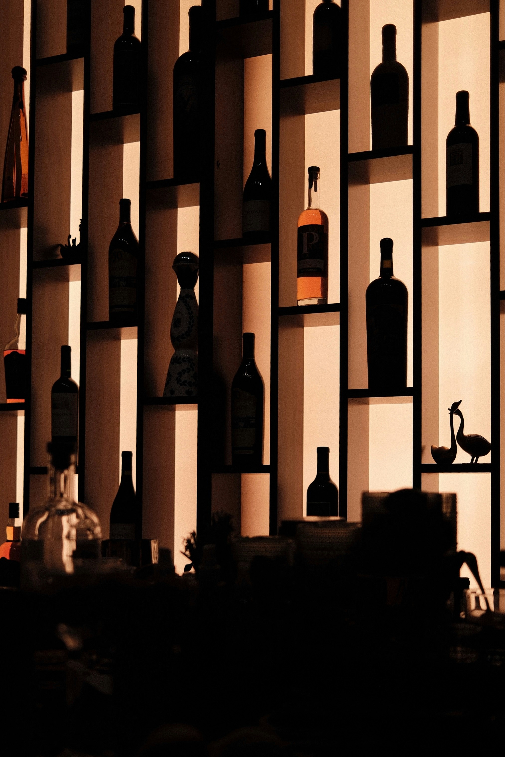 Bottles displayed on illuminated shelves in a bar.