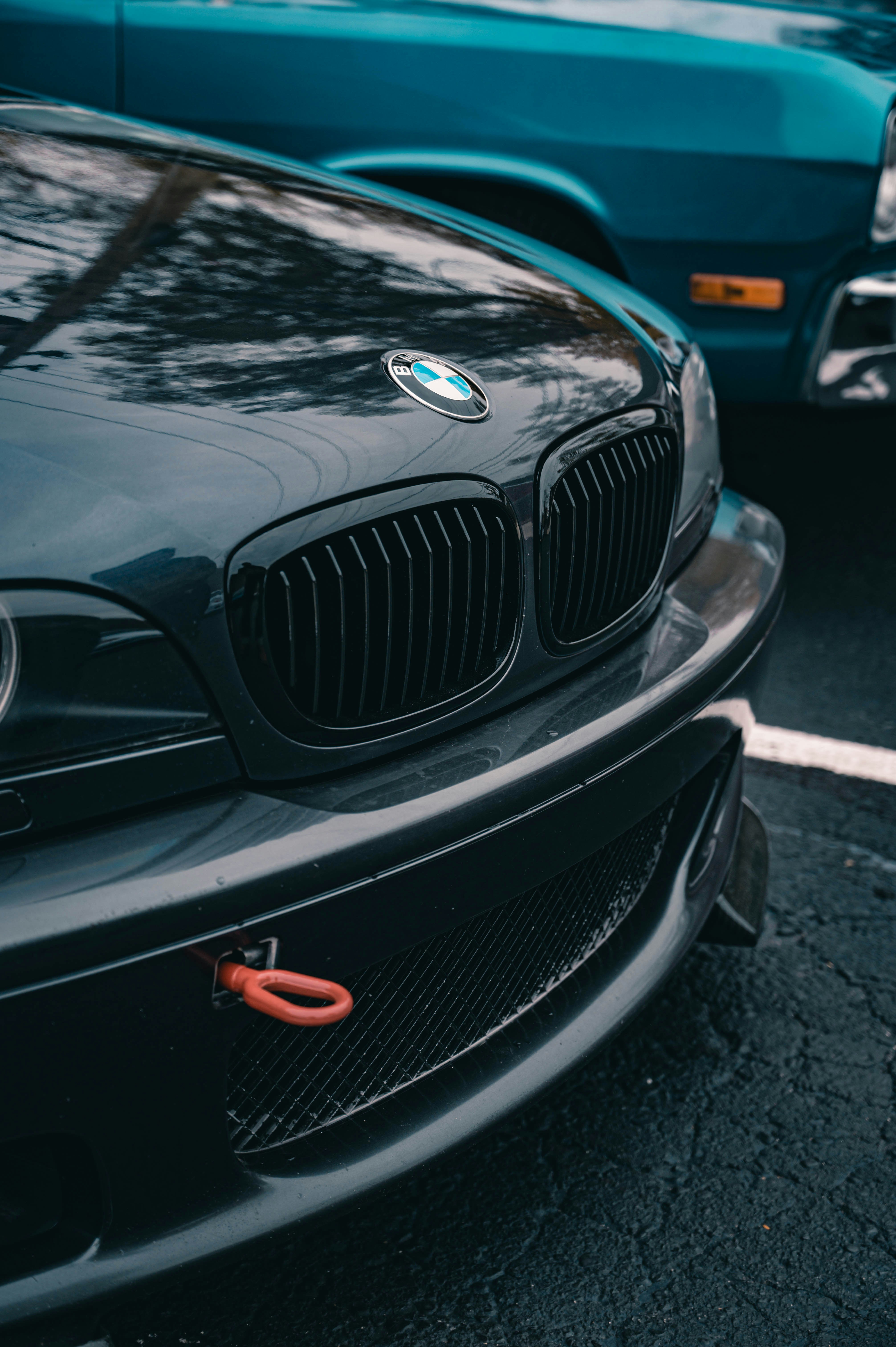 Close-up of a dark BMW car grille