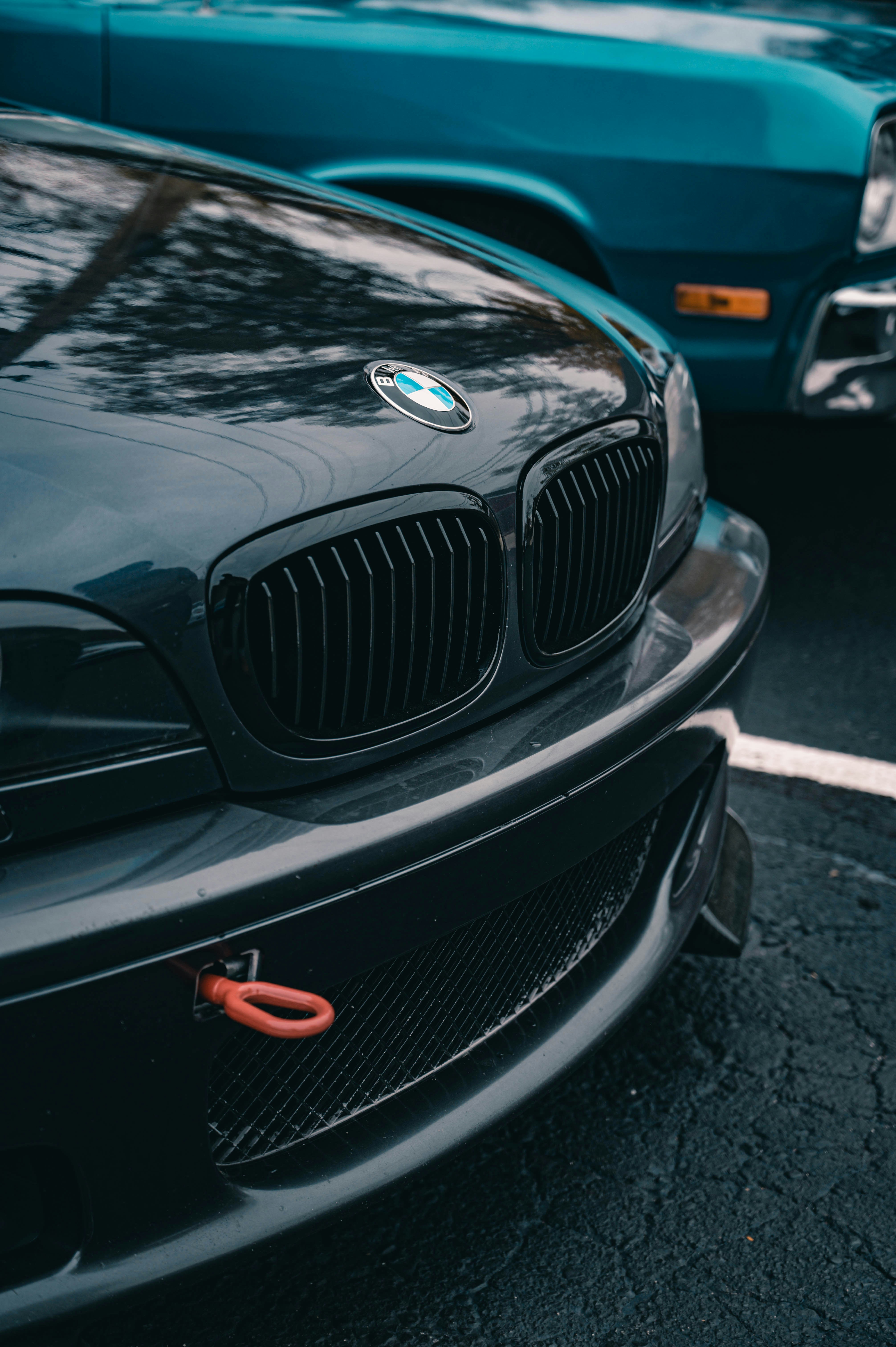 Close-up of a dark BMW car grille